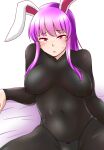  1girl alternate_costume animal_ears black_bodysuit blush bodysuit bow bow_panties breasts breasts_apart closed_mouth commentary_request covered_navel large_breasts lips long_hair looking_at_viewer nipples no_bra panties panties_under_bodysuit purple_hair rabbit_ears red_eyes reisen_udongein_inaba see-through shiraue_yuu sidelocks sitting solo sweatdrop thong touhou underwear white_panties 