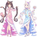  2girls animal_ear_fluff animal_ears bare_legs bare_shoulders blue_dress blue_eyes blue_footwear blue_ribbon brown_hair brown_tail cat_ears cat_girl cat_tail china_dress chinese_clothes chocola_(nekopara) clothing_cutout detached_sleeves dress earrings flower flower_earrings frills hair_flower hair_ornament hand_fan hand_up high_heels holding holding_fan jewelry long_dress long_hair looking_to_the_side multiple_girls nail_polish navel navel_cutout nekopara official_art orange_flower orange_rose pink_dress pink_flower pink_footwear pink_rose purple_flower purple_rose red_ribbon ribbon rose sayori_(neko_works) second-party_source tail tail_flower tail_ornament toes transparent_background vanilla_(nekopara) very_long_hair white_fur white_hair white_tail yellow_flower yellow_rose 