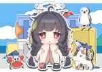  1girl bird black_hair blue_archive box braid bright_pupils cat chestnut_mouth chibi crab crocs fish halo highres knees_together_feet_apart leaf light_blush long_hair miyu_(blue_archive) miyu_(swimsuit)_(blue_archive) outline red_eyes seagull shrimp sky solo tearing_up twin_braids white_outline white_pupils yucha_(y0104) 