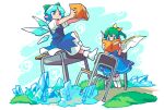  2girls blue_dress blue_eyes blue_hair bobby_socks book bow chair circled_9 cirno closed_mouth covered_mouth daiyousei day desk doggo_1d34 dress fairy_wings frozen full_body grass green_bow green_eyes green_hair hair_bow highres holding holding_book ice light_blue_hair multiple_girls on_chair on_desk open_book outdoors outstretched_arms parted_bangs pinafore_dress pointy_ears puffy_short_sleeves puffy_sleeves reading school_chair school_desk shirt short_hair short_sleeves side_ponytail signature sitting sleeveless sleeveless_dress socks touhou white_shirt white_socks wings 