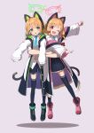  2girls absurdres animal_ear_headphones animal_ears blonde_hair blue_archive blue_necktie blue_shorts blue_skirt blue_thighhighs bow carrying carrying_person cat_ear_headphones cat_tail chestnut_mouth collared_shirt dangling disembodied_limb fake_animal_ears green_bow hair_bow halo headphones highres jacket looking_at_viewer mechanical_tail midori_(blue_archive) mogurii momoi_(blue_archive) multiple_girls necktie off_shoulder one_eye_closed open_mouth pink_bow pleated_skirt shirt short_hair short_necktie shorts siblings simple_background sisters skirt sleeves_past_wrists smile tail thighhighs twins white_jacket white_shirt 