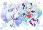  2girls ahoge aqua_eyes aqua_hair bare_shoulders blue_bow blue_eyes blue_hair blue_necktie blue_skirt booota boots bow chibi detached_sleeves earmuffs frilled_skirt frills full_body grey_skirt grey_sleeves grey_thighhighs hair_ornament hair_ribbon hand_up hatsune_miku holding_hands hoop_skirt layered_skirt light_blue_hair long_hair looking_at_viewer magical_mirai_miku magical_mirai_miku_(2018) midair miniskirt multiple_girls necktie one_eye_closed open_mouth outstretched_arm pleated_skirt red_bow red_ribbon ribbon scarf second-party_source shirt skirt sleeveless sleeveless_shirt smile snowflake_print star_(symbol) thigh_boots thighhighs twintails very_long_hair vocaloid white_mittens white_ribbon white_scarf white_shirt wrist_ribbon yellow_bow yellow_ribbon yuki_miku yuki_miku_(2011) 