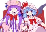  2girls bat_wings blue_hair blunt_bangs bob_cut bow buttons chair crescent eichi_yuu embodiment_of_scarlet_devil frilled_skirt frills hair_between_eyes hair_bow hat interlocked_fingers long_hair long_sleeves mob_cap multiple_girls nightgown patchouli_knowledge pointy_ears puffy_sleeves purple_eyes purple_hair red_eyes remilia_scarlet short_hair short_sleeves sitting skirt smile striped touhou vampire vertical_stripes white_background wings 