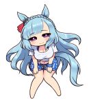  1girl animal_ears blue_hair blue_shorts braid breasts chibi cleavage closed_mouth commentary_request crown_braid ear_ornament full_body gaze_on_me!_outfit_(umamusume) highres horse_ears horse_girl horse_tail large_breasts long_hair looking_at_viewer mejiro_ardan_(umamusume) purple_eyes scrunchie shirt shorts simoyuki simple_background smile solo tail tied_shirt umamusume very_long_hair white_background white_shirt wrist_scrunchie 