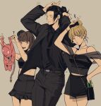  1boy 2girls arm_up arms_up bag black_bow black_hair black_jacket black_necktie black_pants black_shirt black_skirt black_suit blonde_hair blunt_bangs bob_cut bow bracelet brown_eyes closed_eyes closed_mouth collared_shirt cowboy_shot ear_piercing earrings getou_suguru grey_background hair_bow hair_bun hair_pulled_back handbag holding holding_stuffed_toy jacket jewelry jujutsu_kaisen kukig8765 long_hair long_sleeves mimiko_(jujutsu_kaisen) miniskirt multiple_girls nanako_(jujutsu_kaisen) necklace necktie o3o open_mouth pants piercing shirt short_hair simple_background skirt smile standing stuffed_toy suit v 