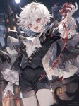  1boy black_cape black_shorts black_vest cape castle fangs full_moon highres looking_at_viewer male_focus moon namiki_itsuki night night_sky open_mouth original pale_skin pointy_ears red_eyes short_hair shorts sky smile solo star_(sky) teeth vampire vest white_hair 