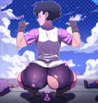  1girl absurdres ass black_hair cloud d-art dragon_ball highres short_hair sky smile star_(sky) teeth torn_clothes videl 