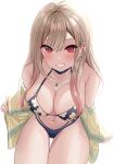  1girl absurdres bare_shoulders bikini black_bikini black_choker blush breasts choker cleavage commentary ear_piercing floral_print gradient_hair grin gyaru hair_between_eyes highres jewelry kemu1209 kitagawa_marin large_breasts light_brown_hair long_hair looking_at_viewer multicolored_hair navel necklace off_shoulder open_clothes open_shirt piercing pink_hair print_bikini red_eyes simple_background smile solo sono_bisque_doll_wa_koi_wo_suru swimsuit thigh_gap white_background 