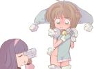  2girls blush brown_hair cardcaptor_sakura daidouji_tomoyo embarrassed female_pervert gloves green_eyes kinomoto_sakura multiple_girls navel orenji_(wholesomeorenji) pervert purple_hair simple_background video_camera white_background 