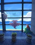  airdramon betamon blue_sky brick_floor claws cloud day digimon digimon_(creature) facing_away floor highres holy_ring indoors looking_at_another marinangemon no_humans pitchmon reflection sayuri_d_(liliana86973943) sky tail window wings 