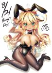  1girl animal_ears black_bow black_bowtie black_leotard blonde_hair bow bowtie breasts bunny_day commentary_request detached_collar fake_animal_ears fake_tail gethyko_(vtuber) green_eyes hair_ornament hairclip highres huge_breasts indie_virtual_youtuber leotard oppai_loli pink_nails playboy_bunny rabbit_ears rabbit_tail signature sitting solo sorimura_youji strapless strapless_leotard tail tan traditional_bowtie virtual_youtuber wariza wrist_cuffs 