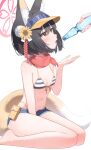  1boy 1girl animal_ear_fluff animal_ears bikini black_hair blue_archive bottle breasts cleavage commentary_request denim denim_shorts drooling eyeshadow flower fox_ears fox_girl fox_tail from_side hair_between_eyes hair_flower hair_ornament halo highres holding holding_bottle izuna_(blue_archive) izuna_(swimsuit)_(blue_archive) looking_up makeup medium_hair navel official_alternate_costume out_of_frame pov pov_hands ramune red_eyeshadow red_scarf rope scarf sensei_(blue_archive) shimenawa short_shorts shorts sidelocks simple_background sitting sleeveless small_breasts stomach striped striped_bikini sunflower sunflower_hair_ornament swimsuit tail takeroku visor_cap wariza white_background yellow_eyes 