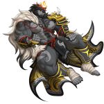  abs absurd_res anthro armor biceps black_body black_fur black_hair chest_tuft feet fur hair hand_on_leg hand_on_thigh hi_res horn looking_at_viewer male muscular_thighs nipples pecs red_eyes rope shoulder_armor simple_background solard0gg0 solo tuft white_background 
