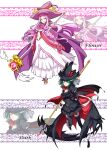 2girls absurdres adapted_costume alternate_costume black_cape black_dress black_thighhighs cape character_name choker commentary_request cure_flower dark_precure dress earrings eyelashes frilled_dress frills green_hair hair_ornament hanasaki_kaoruko happy hat heartcatch_precure! highres jewelry large_hat long_hair looking_at_viewer magical_girl matatabi_(karukan222) multiple_girls one_eye_closed pink_cape pink_eyes pink_hair precure puffy_short_sleeves puffy_sleeves red_cape short_hair short_sleeves smile staff standing thighhighs thighs two-tone_cape wand witch witch_hat wrist_cuffs 