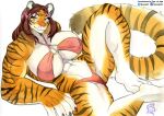  2023 absurd_res anthro artist_logo athletic athletic_anthro athletic_female big_breasts bikini biped breasts brown_hair clothing felid female hair hi_res huge_breasts logo mammal mana_(harioto01) murazaki painting_(artwork) pantherine simple_background smile solo swimwear tiger traditional_media_(artwork) watercolor_(artwork) white_background yellow_eyes 