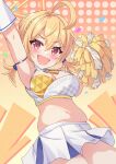  1girl :d ahoge blonde_hair blue_archive breasts cheerleader cleavage highres holding holding_pom_poms itaba_atsushi kotori_(blue_archive) kotori_(cheer_squad)_(blue_archive) looking_at_viewer medium_breasts midriff millennium_cheerleader_outfit_(blue_archive) navel official_alternate_costume open_mouth plump pom_pom_(cheerleading) red_eyes short_hair skirt smile solo thighs 