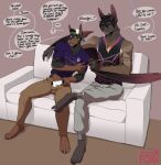  anthro bat bros_being_bros canid canine canis cigar clothing controller domestic_dog duo ear_piercing english_text facial_piercing fangs furniture game_controller hat headgear headwear hi_res living_room male mammal membrane_(anatomy) nose_piercing nose_ring piercing ring_piercing sinningfox sofa teeth text 