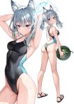  1girl animal_ear_fluff animal_ears armpits ass bare_legs bare_shoulders barefoot blue_archive blue_eyes blush breasts closed_mouth collarbone competition_swimsuit covered_navel food from_behind fruit full_body grey_hair halo highleg highleg_swimsuit highres holding holding_food looking_at_viewer medium_breasts multiple_views one-piece_swimsuit pine_(angel4195202) shiroko_(blue_archive) shiroko_(swimsuit)_(blue_archive) simple_background standing swimsuit thighs watermelon wet white_background 
