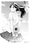  1girl blush cloud collared_shirt cowboy_shot day floating_hair flower from_behind gradient_sky highres holding holding_behind_back holding_flower leaf long_hair looking_afar looking_back monochrome nape original outside_border parted_lips pleated_skirt saitou_shiori_(pixiv14549321) shirt short_sleeves skirt sky solo stalk summer sunflower sweat turning_head twitter_username wind 