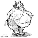  1:1 anthro band1tnsfw belly big_breasts black_and_white bovid breasts butt butt_grab caprine clothing digital_drawing_(artwork) digital_media_(artwork) female female_focus goat graphite_(artwork) hand_on_butt hi_res mammal monochrome navel overweight overweight_anthro overweight_female pencil_(artwork) portrait sketch solo thick_thighs torn_clothing traditional_media_(artwork) 
