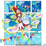  1girl alternate_costume balloon blue_sky boots closed_mouth cloud commentary copyright_name drum drum_set drumsticks english_commentary full_body game_cg gloves hat holding holding_drumsticks horikawa_raiko horikawa_raiko_(prism_march_snare) instrument looking_at_viewer marching_band merlin_prismriver mitsudomoe_(shape) multicolored_clothes multicolored_skirt peaked_cap red_eyes red_hair red_headwear rotte_(1109) shirt short_hair silhouette skirt sky smile solo third-party_source tomoe_(symbol) touhou touhou_lost_word white_footwear white_gloves white_shirt 