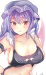  1girl ama_i_zzz bare_shoulders bat_cutout blush breasts cleavage frills hands_on_own_hips hat large_breasts light_smile medium_hair mob_cap pointy_ears purple_hair remilia_scarlet solo touhou upper_body 