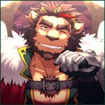  1boy animal_ears artist_logo bara bare_pectorals cape commentary_request crave_saga dated furry furry_male gauntlets karaha_(crave_saga) lion_boy lion_ears lion_mane looking_at_viewer male_focus multicolored_hair one_eye_closed pectorals sitting streaked_hair thick_eyebrows throne upper_body yowaifish 