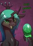  absurd_res arthropod blush changeling crown dialogue egg english_text female friendship_is_magic green_blush green_eyes green_hair hair hasbro headgear hi_res looking_at_viewer my_little_pony queen_chrysalis_(mlp) slime smile solo text underpable wings 
