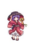  1girl black_headwear bowl bowl_hat commentary_request full_body hand_on_headwear hat japanese_clothes kimono long_sleeves lowres miracle_mallet pixel_art purple_hair red_kimono sash short_hair simple_background solo standing sukuna_shinmyoumaru touhou touhou_mystia&#039;s_izakaya white_background wide_sleeves youzikk 