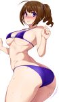  1girl ahoge ass bikini blue_bikini blush breasts brown_hair cleavage closed_mouth covered_nipples drill_hair from_behind highres idolmaster idolmaster_million_live! looking_at_viewer looking_back namidame purple_eyes side_drill side_ponytail smile solo standing swimsuit wet yokoyama_nao 