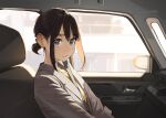  1girl blush brown_eyes brown_hair car car_interior closed_mouth commentary_request douki-chan_(douki-chan) ganbare_douki-chan grey_jacket highres jacket long_sleeves looking_at_viewer motor_vehicle shirt sidelocks solo yellow_shirt yomu_(sgt_epper) 