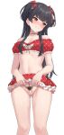  1girl ass_visible_through_thighs bare_shoulders bikini black_hair blush bow breasts brown_eyes clenched_teeth cowboy_shot crotchless female_pubic_hair frilled_bikini frills hair_ornament helloet11 highres idolmaster idolmaster_shiny_colors long_hair looking_to_the_side mayuzumi_fuyuko medium_breasts navel partially_visible_vulva pearl_thong pubic_hair pussy red_bikini revealing_clothes simple_background solo standing stomach sweat swimsuit teeth two_side_up white_background 