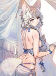  1girl animal_ears bed bikini blue_bow bow bow_(bhp) braid braided_ponytail breasts closed_mouth copyright_request curtains from_behind grey_eyes hair_bow large_breasts long_hair smile solo swimsuit tail white_bikini white_hair 