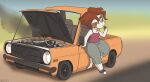  2023 anthro bottomwear brown_hair car chibi clothing female footwear fur hair halcy0n haley_baxter herpestid hi_res leaning_on_object looking_away mammal mongoose pants shoes smoke solo vehicle 