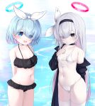  2girls absurdres alternate_costume arms_behind_back arona_(blue_archive) bare_shoulders bikini bikini_skirt black_bikini black_choker black_coat black_eyes black_hairband blue_archive blue_eyes blue_hair blue_halo blue_pupils blush bow_hairband braid breasts choker closed_mouth coat coat_partially_removed collarbone colored_inner_hair commentary cowboy_shot eyes_visible_through_hair frilled_bikini frills front-tie_bikini_top front-tie_top hair_ribbon hairband halo highres light_blue_hair long_hair multicolored_hair multiple_girls navel nekodama2000 open_mouth pink_hair pink_halo pink_pupils plana_(blue_archive) ribbon side_braid single_braid small_breasts swimsuit teeth thighhighs two-tone_hair upper_teeth_only very_long_hair white_bikini white_choker white_hair white_hairband white_ribbon white_thighhighs 