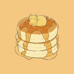  animal cat closed_eyes commentary_request facing_viewer flat_color food food_focus highres honey iguana_taisa no_humans original pancake pancake_stack simple_background yellow_background yellow_cat 