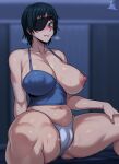  1girl absurdres black_hair blush breasts cameltoe chainsaw_man cleavage closed_mouth collarbone eyepatch highres himeno_(chainsaw_man) jmg large_breasts licking_lips navel nipples one_breast_out one_eye_covered panties short_hair smile solo sweat thighs tongue tongue_out underwear w white_panties 