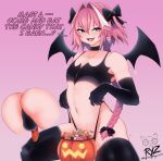  1boy absurdres ass ass_focus astolfo_(fate) bat_wings blush commentary covered_testicles cowboy_shot detached_sleeves english_commentary english_text fang fate_(series) hair_ribbon halloween halloween_costume heart highres male_focus navel otoko_no_ko penis pink_hair ribbon ryz_ryz simple_background skin_fang small_penis smile solo wings 