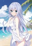  1girl beach blue_eyes blush breasts cleavage collarbone cowboy_shot day dress fathom grey_hair hair_between_eyes hibiki_(kancolle) highres kantai_collection long_hair medium_breasts ocean outdoors parted_lips sidelocks solo tagme white_dress 