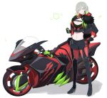  1girl black_gloves breasts can cleavage detached_sleeves diabellestarr_the_dark_witch dress duel_monster full_body gloves green_hair grey_eyes high_heels highres holding holding_can hood hood_down large_breasts medium_hair motor_vehicle motorcycle multicolored_hair no_mask sakuragi_raia single_glove single_sleeve solo yu-gi-oh! 