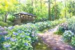  blue_flower building bush day flower forest grass highres house nature no_humans ooy33151086 original painting_(medium) path pink_flower plant purple_flower scenery sunlight traditional_media tree tree_shade watercolor_(medium) window wooden_wall 