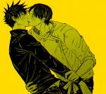  2boys arm_grab blush buttons eye_contact fushiguro_megumi fushirun_rung jacket jujutsu_kaisen kiss korean_commentary long_sleeves looking_at_another male_focus multiple_boys okkotsu_yuuta pants school_uniform short_hair spiked_hair yaoi yellow_background 