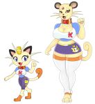  anthro big_breasts blue_eyes bottomwear breasts claws clothing coin collar duo fangs female generation_1_pokemon hi_res meowth nintendo pants persian_(pokemon) pokeball pokemon pokemon_(species) red_eyes shirt simple_background skirt tail teeth topwear urusee584 whiskers white_background white_body 