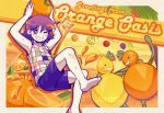  1boy apple arms_up artist_name banana barefoot collarbone colored_skin food fruit grapes grin highres kel_(omori) looking_at_viewer omori one_eye_closed oragne_joe_(omori) orange_(fruit) orange_joe_(omori) purple_eyes purple_hair shirt short_hair shorts sleeveless sleeveless_shirt smile teeth watermark white_skin zipsunz 