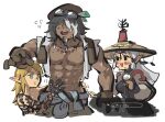  1girl 2boys abs black_hair blonde_hair blush breath dark-skinned_male dark_skin grey_hair link multicolored_hair multiple_boys muscle_awe muscular muscular_male paya_(zelda) pectorals pointy_ears streaked_hair tall_male tauro_(totk) the_legend_of_zelda the_legend_of_zelda:_tears_of_the_kingdom tirarizun topless_male upper_body 