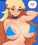  1girl alternate_costume arm_up armpit_crease armpits artist_name bikini blonde_hair blue_background blue_bikini blue_choker blue_eyes breasts choker commentary doxy earrings english_commentary eyelashes hair_between_eyes heart hoop_earrings huge_breasts jewelry large_areolae long_hair looking_at_viewer mario_(series) micro_bikini navel pixel_art princess_peach shadow sidelocks solo spoken_heart swimsuit tongue tongue_out upper_body 