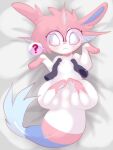  ambiguous_gender bedding bedding_background blush eeveelution eyelashes eyewear female feral fur generation_1_pokemon generation_6_pokemon glasses hi_res hybrid hybrid_pokemon looking_at_viewer nintendo pawpads peony_(vaporveonn) pinned pokemon pokemon_(species) question_mark simple_background solo sylveon tail text vaporeon vaporveonn white_body 