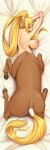  1girl absurdres animal_ears arms_up ass back bandaged_tail bed_sheet blonde_hair blue_eyes breasts centaur centorea_shianus closed_mouth commentary completely_nude dakimakura_(medium) full_body hair_between_eyes highres horse_ears horse_tail jotun22 large_breasts long_hair lying monster_girl monster_musume_no_iru_nichijou multiple_legs nipples nude on_stomach pointy_ears ponytail shadow sidelocks solo tail taur very_long_hair 