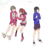  3boys black_hair black_shorts blue_eyes braid brown_hair closed_eyes holding holding_phone idolmaster idolmaster_side-m kagura_rei legs long_sleeves male_focus map_(map_imas) mizushima_saki multiple_boys otoko_no_ko phone pink_shorts shorts socks twintails uzuki_makio white_background 