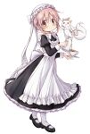  1girl 1other absurdres apron balancing_on_head cup highres hitode kaname_madoka kyubey mahou_shoujo_madoka_magica maid maid_apron pink_eyes pink_hair pouring smile solo tea teacup white_apron white_background white_headdress 